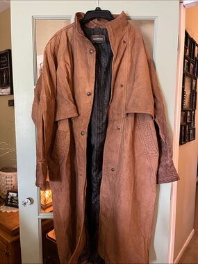 Women’s Maurices Brown Leather Duster-Style Trench Coat with Paisley Lining